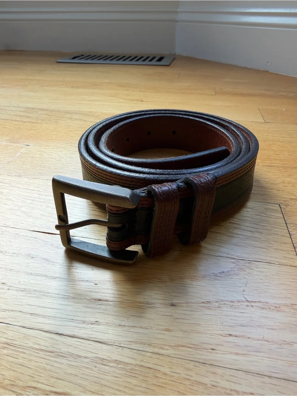 Allen Edmonds Two-Tone Brown and Black Leather Belt with Brass Buckle